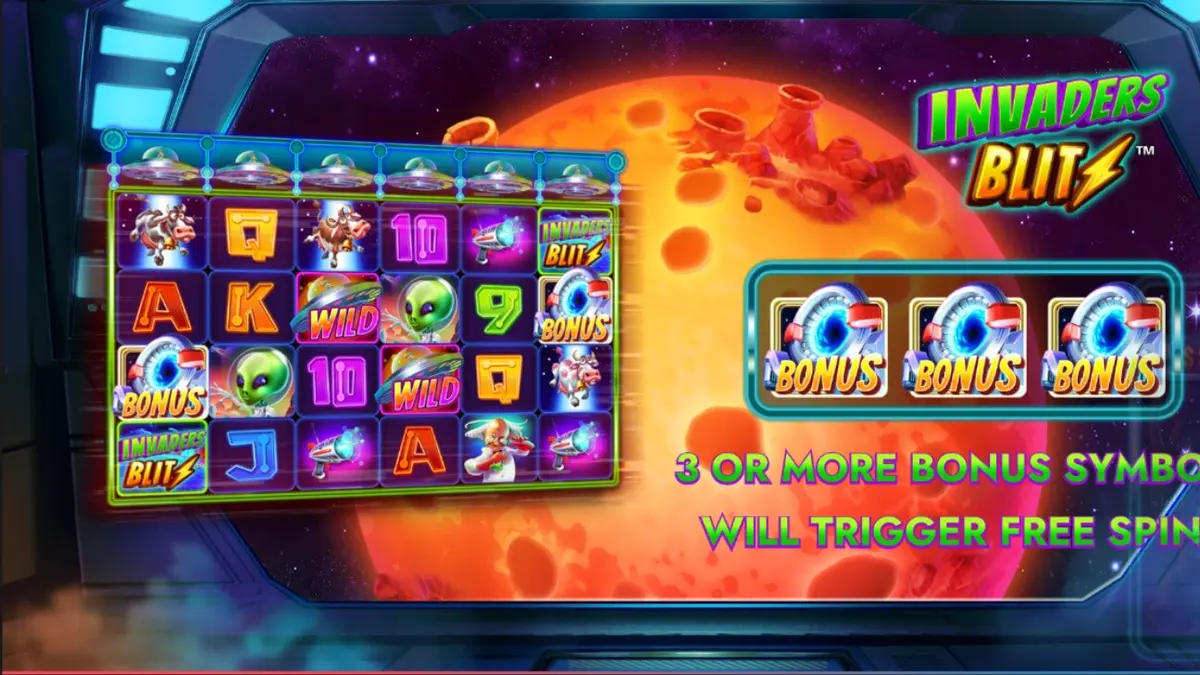 Interface do jogo de slot Invaders Blitz com tema alienígena