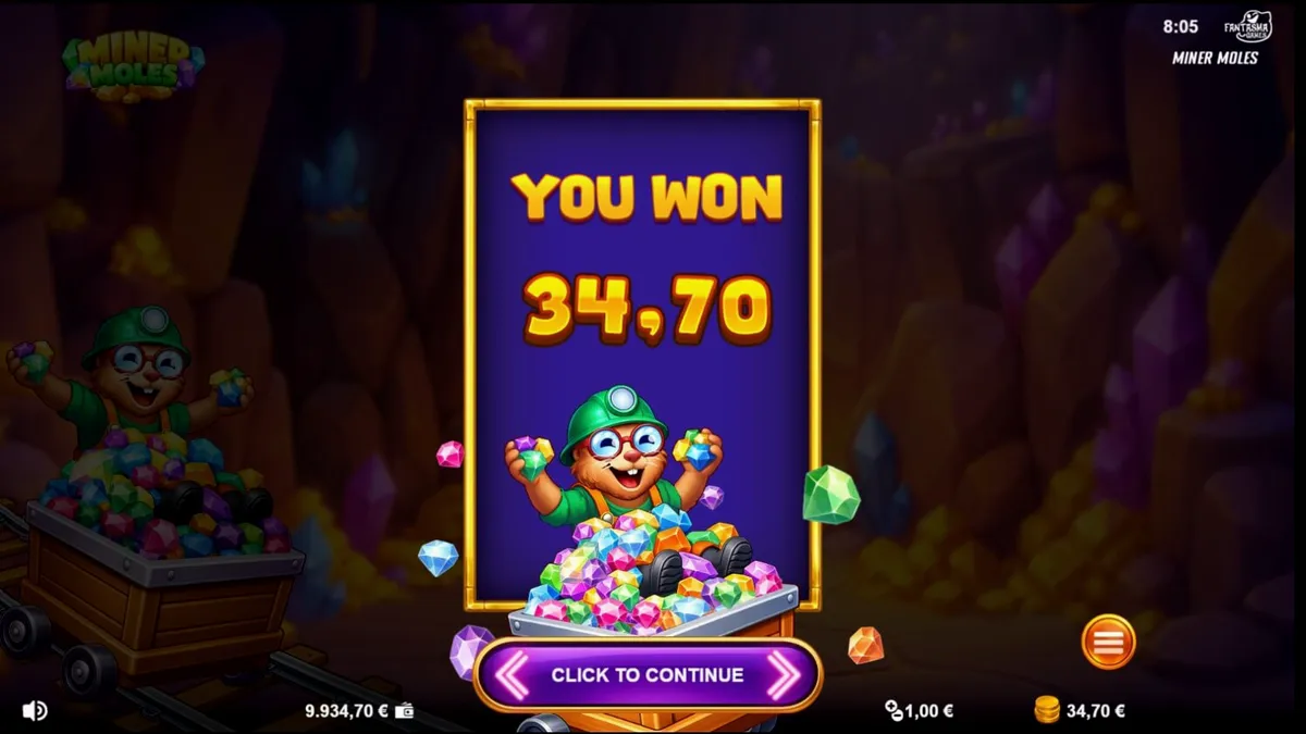 Interface do jogo Miner Moles com toupeiras e cristais